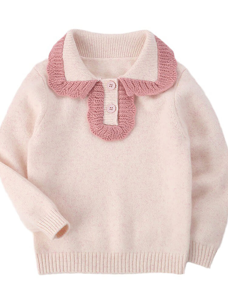Girls Cream Pink Cashmere Sweater with Ruffled Contrast Collar